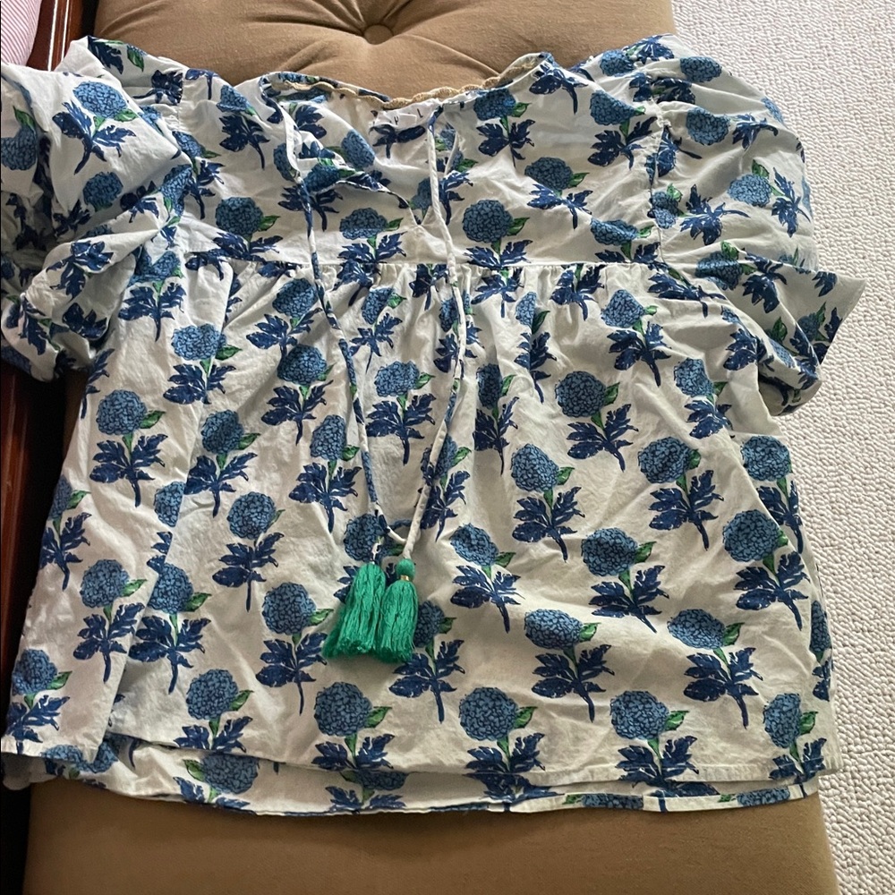 THML White Blouse with Blue Floral Print and Green Tassel Tie
